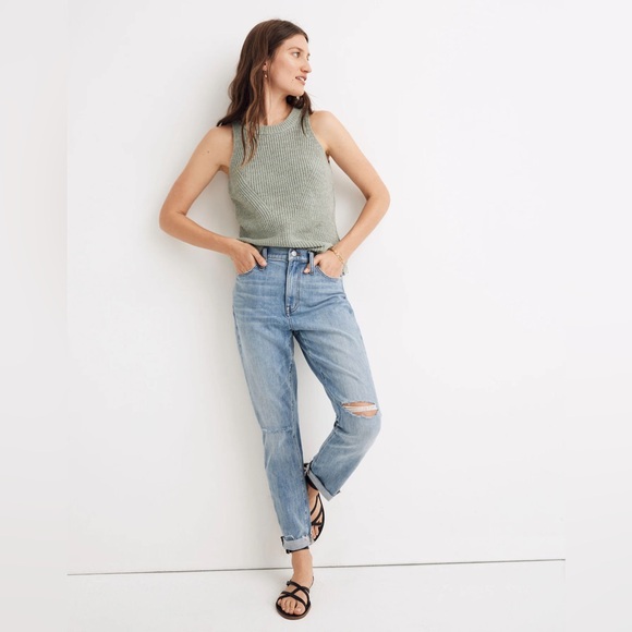 Madewell Denim - The High-Rise Slim Crop Boyjean in Medium Wash Ripped Knee Raw Hem Straight Leg